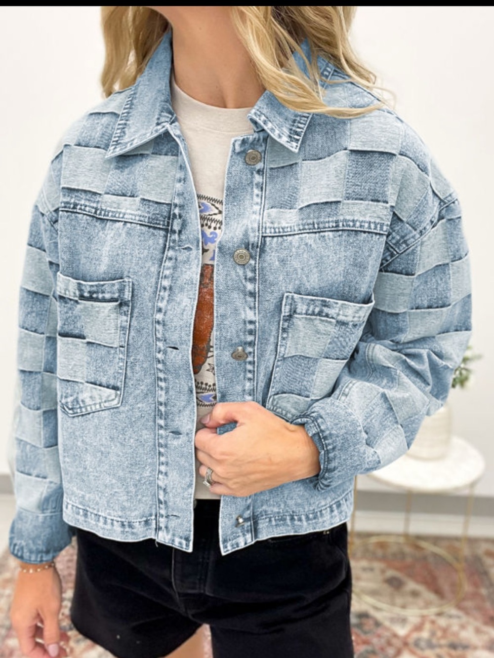 1292. Checkered blue denim patchwork jacket